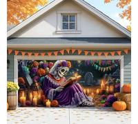 Housse de porte de garage squelette d'Halloween, décorations violettes pour le jour des morts, grande décoration de fête d'Halloween, fond saisonnier d'automne et de vacances, 397 x 180 cm