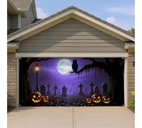 Housse de porte de garage sur le thème d'Halloween, décorations de cimetière violettes effrayantes avec citrouilles et hibou, décoration d'automne extérieure et intérieure, 397 x 180 cm