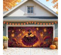 Housse de porte de garage sur le thème d'Halloween, motif crâne en sucre coloré, grandes décorations de porte de garage, décoration intérieure et extérieure d'automne, arrière-plan de fête 397 x 180