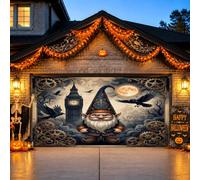 Housse de porte de garage sur le thème d'Halloween Motif nain Steampunk 397 | Horloge steampunk, toile de fond de porte de garage, tour gothique, corbeaux volants, scène mystérieuse au clair de lune
