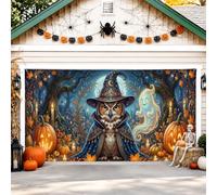 Housse de porte de garage sur le thème Halloween Hibou magicien 397 x 180 | Thème magicien fantaisie, décorations de porte de garage, paysage de forêt enchantée, lanternes lumineuses, fantôme effrayant