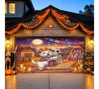 Housse de porte de garage thème chien et squelette Jour des morts 397 x 180 | Fleurs de souci vibrantes, décorations de porte de garage, papier Picado festif, illustration de chien charmant