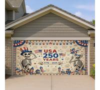 Housse de porte de garage USA 250 ans, décorations de fête squelette vintage, décoration d'extérieur patriotique rouge, blanc, bleu, 400 x 180 cm