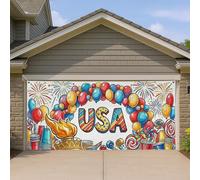 Housse de porte de garage USA Celebration - Boules flottantes colorées et feux d'artifice - Grandes décorations de porte de garage - Décoration de fête d'été en plein air - 400 x 180 cm