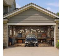 Housse de porte de garage vintage, design rustique de vieille voiture Good Stories, marron et noir, décoration extérieure, parfaite pour la maison et le garage en toutes saisons, 400 x 180 cm
