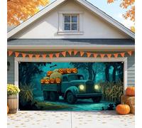 Housse de porte de garage vintage d'Halloween, camion rustique bleu avec citrouilles et balles de foin, décoration extérieure d'automne pour fête d'Halloween, 397 x 180 cm