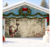 Housse de porte de garage vintage Père Noël, décoration de Noël rustique avec lanterne et houx, décoration de vacances en plein air, scène de Noël festive, 397 x 180 cm