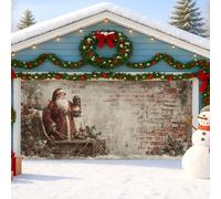 Housse de porte de garage vintage Père Noël, décoration de vacances rustique avec lanterne et neige, décoration de Noël festive en plein air, 397 x 180 cm