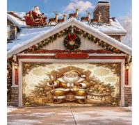 Housse de porte de garage vintage Père Noël doré 397 x 180 cm | Trône royal, drapeau de porte de garage, sacs cadeaux dorés, bordure décorée, scène de vacances traditionnelle