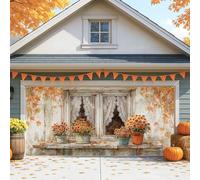 Housse de porte de garage vintage rustique pour l'automne, décoration de ferme à fleurs oranges, grandes décorations d'extérieur d'automne pour Halloween et Action de grâce, 397 x 180 cm