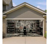 Housse de porte de garage vintage, style rustique de moto, style industriel gris, parfaite pour la décoration de la maison, utilisation en toutes saisons, 397 x 180 cm