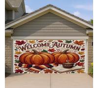 Housse de porte de garage Welcome Autumn - Motif citrouille et feuille rustique - Décorations d'automne orange et rouge - Décoration saisonnière en plein air - Fond de fête de Thanksgiving - 397 x 180