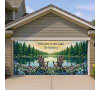 Housse de porte de garage Welcome to the Lake - Décoration d'intérieur - Motif floral - Forêt et bleu - Pour les réunions d'été en plein air - 397 x 180 cm