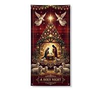 Housse de porte de Noël avec scène religieuse de la nuit sainte 91,4 x | Illustration de scène religieuse, panneau de porte d'entrée, fond écossais rouge, motif anges et moutons