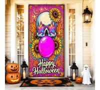 Housse de porte décorative en forme de tête de mort - Tournesol coloré - Boules flottantes - Pour Halloween - Avec corde à suspendre - Décoration d'intérieur pour porche, porte, mur intérieur et