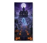 Housse de porte décorative fantôme gothique effrayante maison hantée Jack-o'-Lantern Halloween avec corde à suspendre, décoration d'intérieur pour porte, mur, porche, décoration de fête, 91,4 x 183 cm