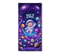 Housse de porte décorative motif astronaute, planètes ludiques et étoiles, dos au campus, violet, avec corde, décoration d'intérieur pour porche, porte, mur, intérieur et extérieur, 91,4 x 183 cm