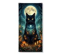 Housse de porte décorative pour porte d'entrée en forme de chat, citrouilles mystiques effrayantes, lune, Halloween, noir, avec corde, décoration d'intérieur pour porche, intérieur ou extérieur, 91,4