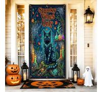 Housse de porte d'Halloween avec citation effrayante chat mystique 91,4 x | Runes magiques lumineuses, bannière de porche, bouteilles de potion mystiques, motifs complexes de toile d'araignée