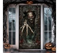 Housse de porte d'Halloween avec squelette terrifiant qui traverse le mur | Ruines murales en pierre, toile de fond de porte d'entrée, yeux rouges, griffe pour atteindre, manoir hanté, esthétique