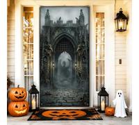 Housse de porte d'Halloween en forme d'arche de château de dragon gothique | Architecture gothique en pierre, bannière de porte d'entrée, atmosphère fantastique sombre, motifs de médecin de la peste