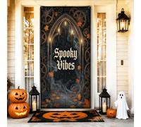 Housse de porte d'Halloween en forme d'arche gothique effrayante 91,4 x 183 | Architecture gothique, bannière de porche, motifs steampunk, brouillard étrange, feuillage d'automne
