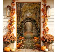 Housse de porte en forme d'arche en pierre pour chemin de forêt d'automne | Chemin forestier pittoresque, toile de fond de porte d'entrée, paysage boisé, feuillage de récolte, décoration d'entrée