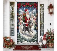 Housse de porte extérieure de Noël avec motif Père Noël équitation schnauzer chien 91,4 x 183 cm, maison de campagne d'hiver, bannière de porte d'entrée, décoration de porche d'intérieur de Noël