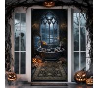 Housse de porte gothique en forme de château de sirène pour Halloween, 91,4 | Architecture de château gothique, panneau de porte d'entrée, citrouilles Jack-o'-lanterne, art fantastique sombre
