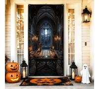 Housse de porte gothique hantée pour Halloween, 91,4 x 182,9 cm | Scène de bibliothèque gothique, bannière de porte d'entrée, cartes de tarot mystérieuses, éclairage candélabre