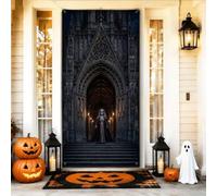 Housse de porte Halloween avec squelette de cathédrale gothique 91,4 x | Figurine squelettique, bannière de porche, architecture gothique, atmosphère mystérieuse sombre, œillets de suspension