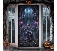 Housse de porte Halloween squelette gothique sirène reine 91,4 x 182,9 cm | Architecture gothique, toile de fond de porte d'entrée, accents de corbeau, thème fantastique sombre, trône complexe
