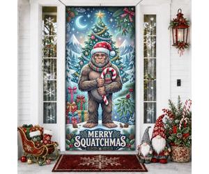 Housse de porte humoristique avec citation de Noël Sasquatch 91,4 x 183 cm | Cange, panneau de porte d'entrée, arbre décoré, boîtes cadeaux, paysage enneigé, personnage fantaisie