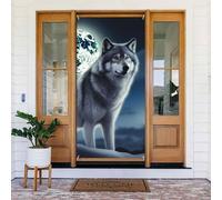 Housse de porte loup sous la lune de 183 x 89 cm, rideaux d'intimité pour porte d'entrée, bannière de porche à suspendre, arrière-plan photo pour décoration de fête intérieure et extérieure