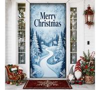 Housse de porte Merry Christmas avec scène de forêt hivernale, 91,4 x 182,9 | Paysage d'hiver, bannière de porche, silhouettes de rennes, pins recouverts de neige, vœux de vacances élégants