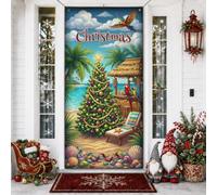Housse de porte sur le thème de Noël sur le thème de la plage tropicale | Plage tropicale, panneau de porte d'entrée, perroquets colorés, accents de coquillages, thème île côtière