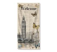 Housse de porte vintage London Welcome - Motif Big Ben et papillon - Décoration d'intérieur et d'extérieur classique - Parfaite pour les célébrations saisonnières - 91,4 x 183 cm