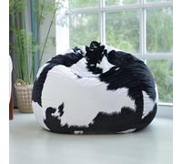Housse de pouf en fausse fourrure de lapin (sans rembourrage) Imprimé vache tachetée Amovible Lavable Doux Chaise Canapé Paresseux Housse en peluche Siège de sol de salon(Black and white cow color)