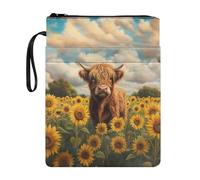 Housse de protection de livre avec fermeture éclair - Pochette portable avec poche avant - 29 x 22 cm - Pour femmes, filles, vaches des Highlands et tournesol