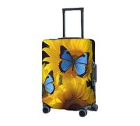 Housse de protection élastique pour valise, motif tournesols jaunes avec papillons bleus, housse de protection lavable, anti-poussière pour bagages de 45,7 à 81,3 cm, Noir , S