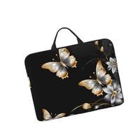 Housse de protection légère et imperméable pour ordinateur portable de 13 à 14" - Housse de transport souple et résistante aux chocs - Papillons blancs dorés et noirs - Housse de voyage avec poignée