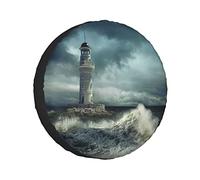 Housse de Roue de Secours Blue Sea of Storm Beacon Lighthouse Under Dramatic Dark Sky at Night Protecteurs de Roue résistants aux intempéries Housses de Roue universelles pour remorque RV SUV Camion
