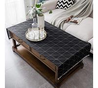 Housse de table basse avec poches à pompons - Nappe rectangulaire rustique en coton et lin jacquard multi-usage, anti-poussière et anti-plis, pour salon, meuble TV, table à manger (échiquier noir, 61