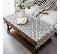 Housse de table basse avec poches à pompons - Nappe rectangulaire rustique en coton et lin jacquard multi-usage, anti-poussière et anti-plis, pour salon, meuble TV, table à manger (bleu et blanc, 71,1