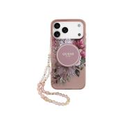 CG Mobile Housse Guess IML Flowers avec sangle en perles MagSafe Rose - iPhone 16 Pro Max