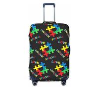 Housse de valise noire en forme de cœur avec pièces de puzzle colorées pour la sensibilisation à l'autisme, lavable et protectrice grâce à ses fibres élastiques haute densité. Convient aux petites val