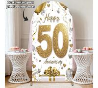 Housse décorative d'arche personnalisée élastique, housse de fond d'arche de célébration du 50e anniversaire en or, impression 2D à plat - Tissu de polyester, facile à installer, convient pour les cér