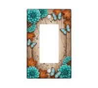 Housse d'interrupteur à bascule Motif floral d'automne Bleu sarcelle | Fleurs de dahlia bleu sarcelle, papillons bleus, feuilles d'automne, fond en bois rustique, accents décoratifs inspirés de la