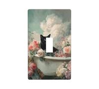 Housse d'interrupteur à bascule simple pour cuisine, ferme, chambre à coucher, salle de bain - Motif chat noir et fleurs dans une vieille baignoire