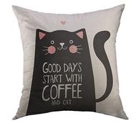 Housse d'oreiller Chat Mignon Marron Kawaii Noir avec De Bons Jours Commençant par Un Lettrage De Café Dessin Animé Drôle Taie d'oreiller Super Doux Taie Coussin pour Salon 45X45 Cm